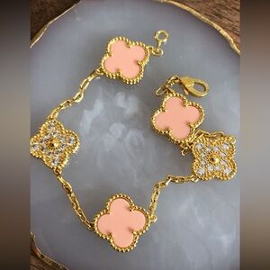 Gold and Pink Clover Bracelet rhinestone copper plated 18k gold flower new